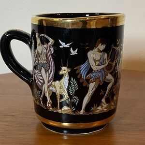 Black & Gold Coffee Mug, 24K Gold Trim, Handmade In Greece